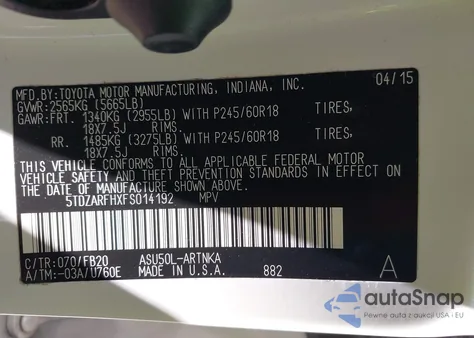 2015 Toyota Highlander Le из США, поврежденный, VIN 5TDZARFHXFS014192